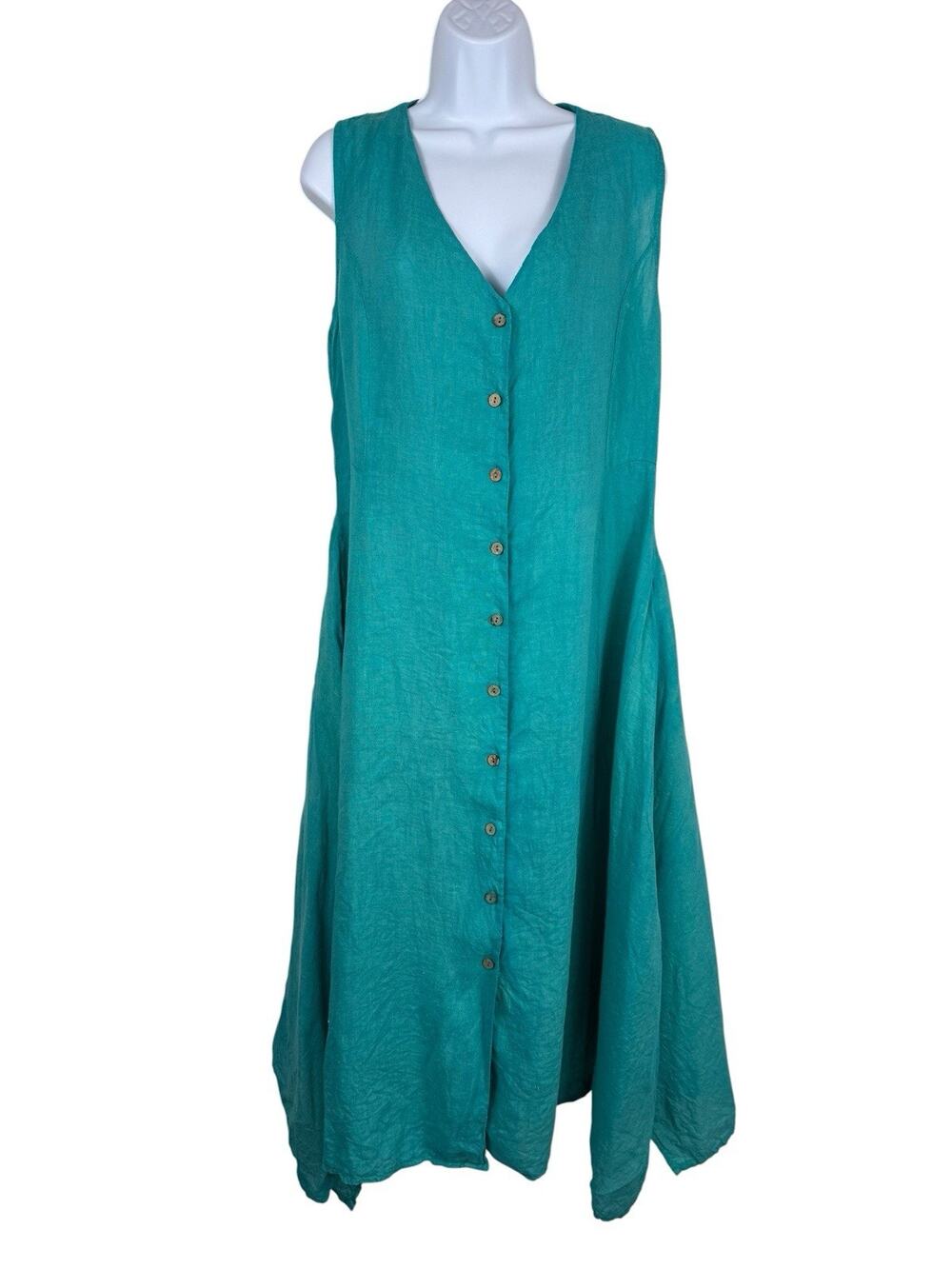 Bella Amore Dress Womens Small Medium Green Teal 100% Linen Lagenlook Maxi Italy